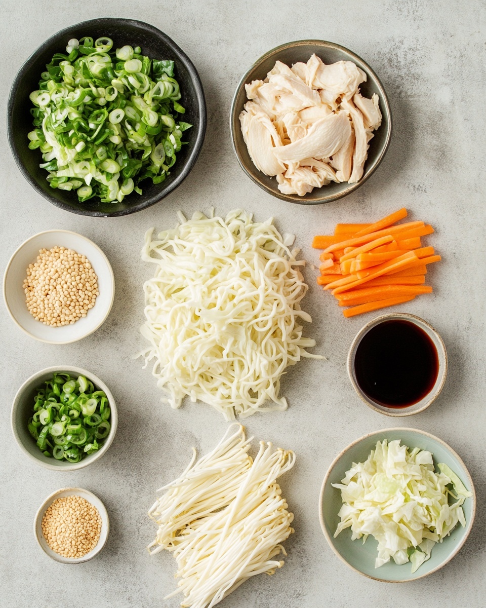 A white bowl filled with a single layer of yellow noodles mixed with thin strips of light brown cooked meat, bright orange carrot strips, and light green cabbage pieces. The noodles and meat are coated in a shiny dark brown sauce. Fresh green scallion rings are scattered on top for garnish. The bowl is set on a light gray cloth over a white marbled surface. photo taken with an iphone --ar 4:5 --v 7