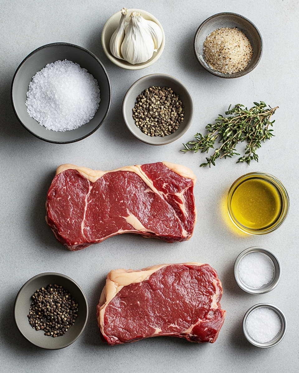 Two grilled steaks sit on a wooden board placed on a white marbled surface. The top steak is whole with dark grill marks and a round pat of yellow herb butter melting in the center. Below it, the second steak is partly sliced into thick pieces showing a pink, juicy inside with a smear of herb butter on some slices. The steaks have a brown, slightly charred crust with a juicy texture visible. Green parsley leaves are scattered around the steaks for decoration. A knife and fork with light wooden handles rest at the bottom left corner of the board. photo taken with an iphone --ar 4:5 --v 7