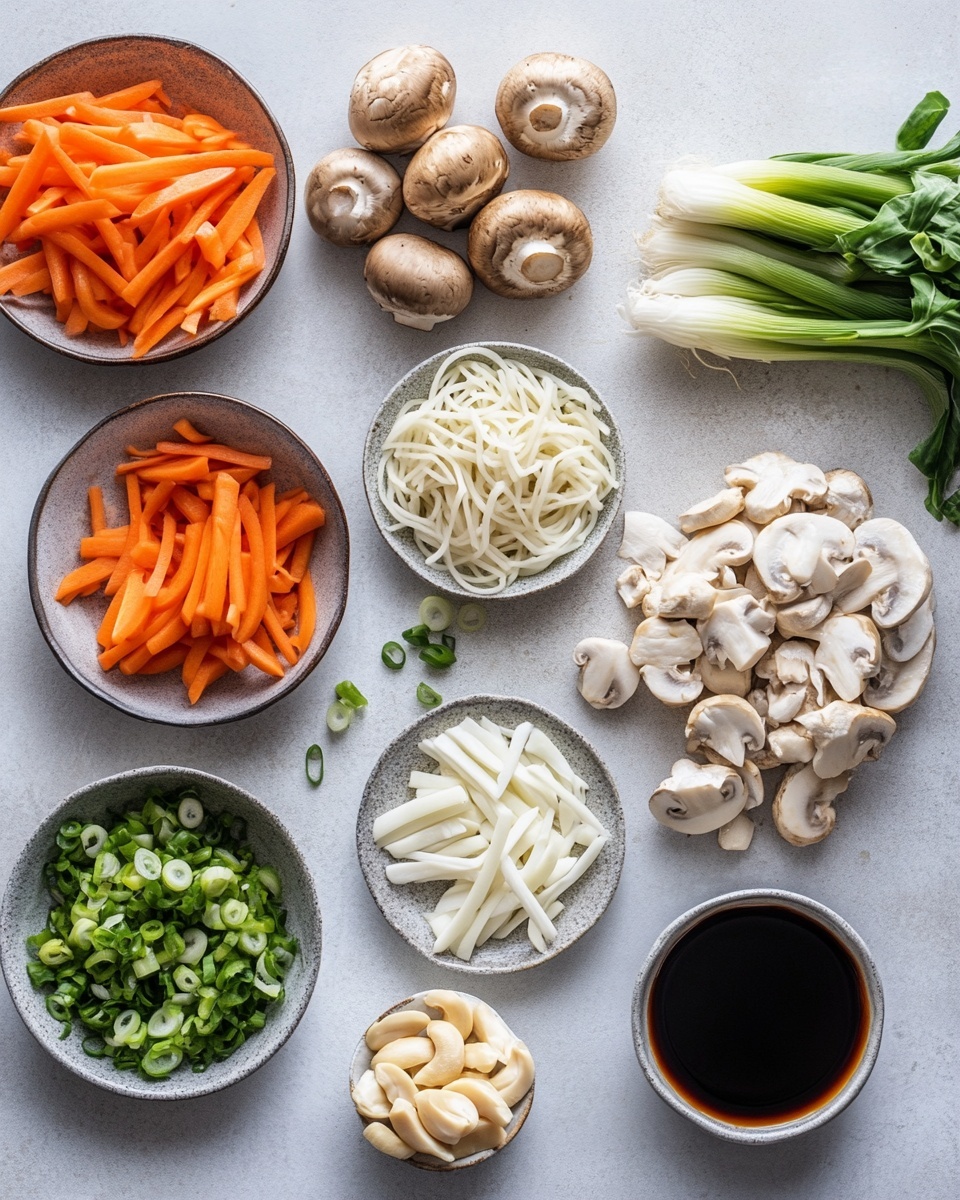 A bowl of stir-fried noodles with three main layers: at the bottom, thin, curly noodles tossed with a light orange sauce; in the middle, mixed bright green scallions and strips of red bell pepper adding sharp color contrasts; on top, light beige strips of cooked chicken and pale brown slices of mushrooms scattered evenly. The dish is served in a white bowl, with a pair of black chopsticks resting on the right edge, all placed on a white marbled surface with a blurred background of colorful bottles and a striped cloth. Photo taken with an iphone --ar 4:5 --v 7