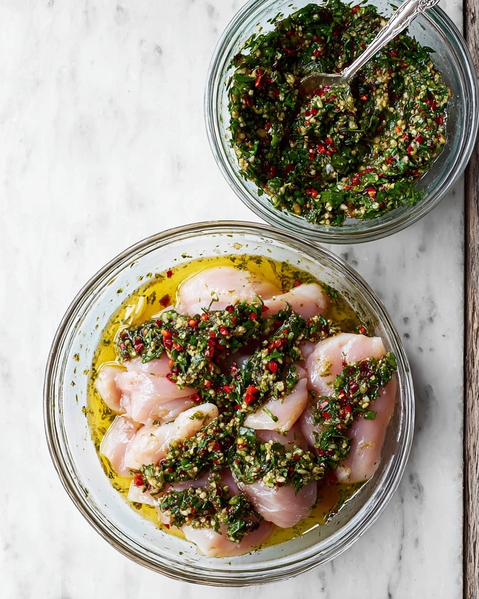Two clear glass bowls are set on a white marbled surface. The larger bowl below holds six pieces of raw pale pink chicken thighs partially covered in a green herb marinade with small red chile bits, garlic pieces, and a light yellowish oil layer. The smaller bowl above contains a similar green herb mixture with visible chopped herbs, red chile bits, and garlic, with a silver spoon resting inside it. The overall scene is bright and clean. Photo taken with an iphone --ar 4:5 --v 7