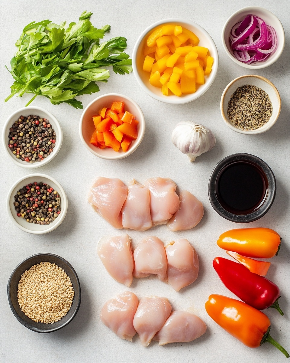 The image shows several skewers of grilled food on a white plate placed on a white marbled surface. Each skewer has five main layers repeated: square pieces of grilled chicken with a golden brown and slightly charred texture, followed by green zucchini slices with a soft shine, then slices of red bell pepper with a smooth surface, yellow bell pepper pieces with a bright color, and finally purple onion chunks with a glossy look. The ingredients are arranged closely on bamboo sticks with some green herb sprinkles on top, giving a fresh touch. The photo taken with an iphone --ar 4:5 --v 7