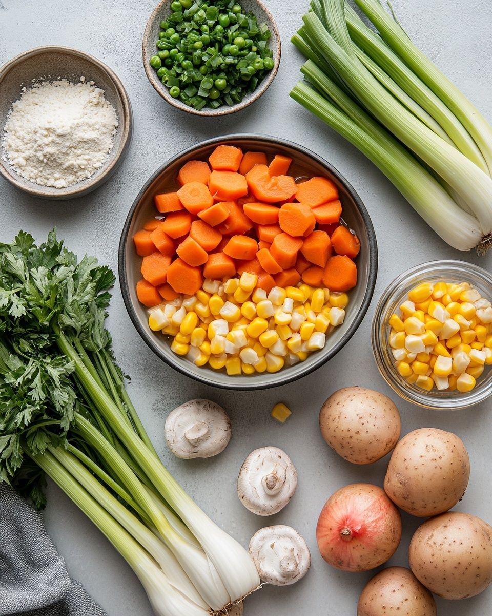A white bowl filled with creamy chicken and vegetable stew, showing thick white sauce with soft orange carrot pieces, pale yellow potato chunks, and small pieces of white chicken. Bright green herb sprigs sit on top, adding a fresh touch. A silver spoon stands inside the bowl, resting on the side. The bowl is set on a white marbled surface with a dark cloth beneath it, and there is a blurred glass jar and another white bowl in the background. photo taken with an iphone --ar 4:5 --v 7