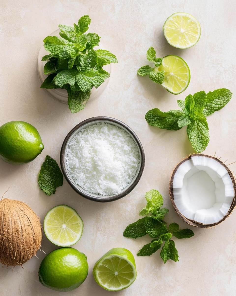 Two white glasses hold a smooth, creamy white drink topped with shredded coconut, and each glass is garnished with a fresh green mint leaf on top. The glasses stand on a white marbled surface with scattered coconut flakes around them. In the background, a whole lime and a halved lime sit in a white bowl filled with shredded coconut, while another white bowl with lime slices is partially visible in the foreground. The scene is bright and fresh, highlighting the cool, refreshing nature of the drink. photo taken with an iphone --ar 4:5 --v 7