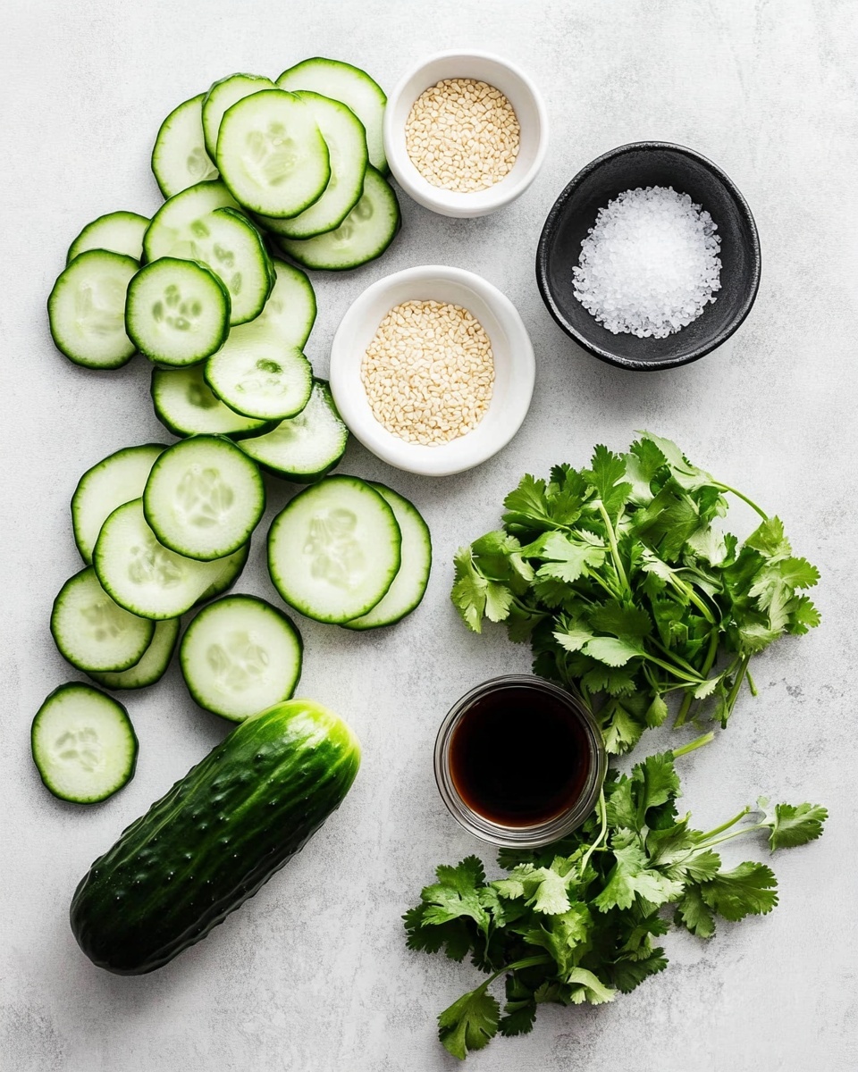 A close-up view of a white bowl filled with thick cucumber slices that have a dark green skin and pale green flesh. The cucumber pieces are mixed with green onion rings and fresh cilantro leaves visible on top and around the bowl. The salad is sprinkled evenly with white sesame seeds and red chili flakes, giving a bright contrast against the green cucumbers. The bowl is placed on a white marbled surface, and some cilantro sprigs lie casually beside it. The overall look is fresh, colorful, and textured, with the seasoning standing out on the cucumber pieces. photo taken with an iphone --ar 4:5 --v 7