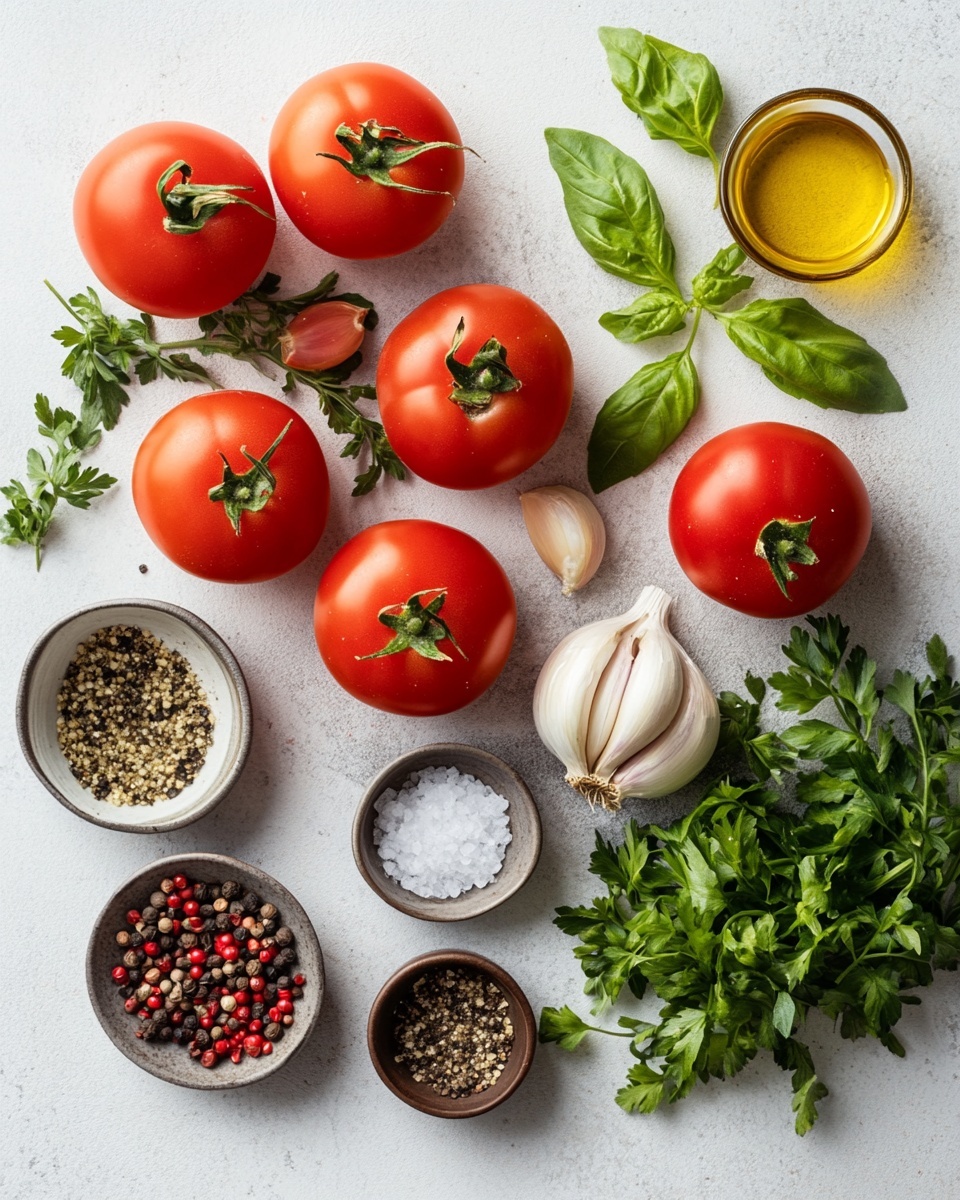 A white bowl sits on a white marbled surface filled with a layer of bright red round tomato slices topped with finely chopped green herbs and small pieces of purple onion, all mixed with a light dressing that gives a shiny texture to the tomatoes. Next to the bowl, there are two halves of a red tomato with green stems, scattered green herbs including basil and parsley leaves, and a white cloth partially visible at the bottom right of the image. Photo taken with an iphone --ar 4:5 --v 7