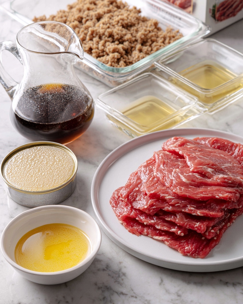 The image shows several layers of thin, raw red meat slices stacked neatly on a white plate placed on a white marbled surface. Next to the plate, there is a glass pitcher filled with dark brown liquid, a small white bowl with melted yellow butter, and an opened can filled with beige creamy sauce containing small dark bits. In the background, there is a box showing an image of crumbled brown topping, and two clear rectangular glass dishes with a light coating of oil or butter inside. The scene is well-lit and arranged for a cooking preparation. photo taken with an iphone --ar 4:5 --v 7