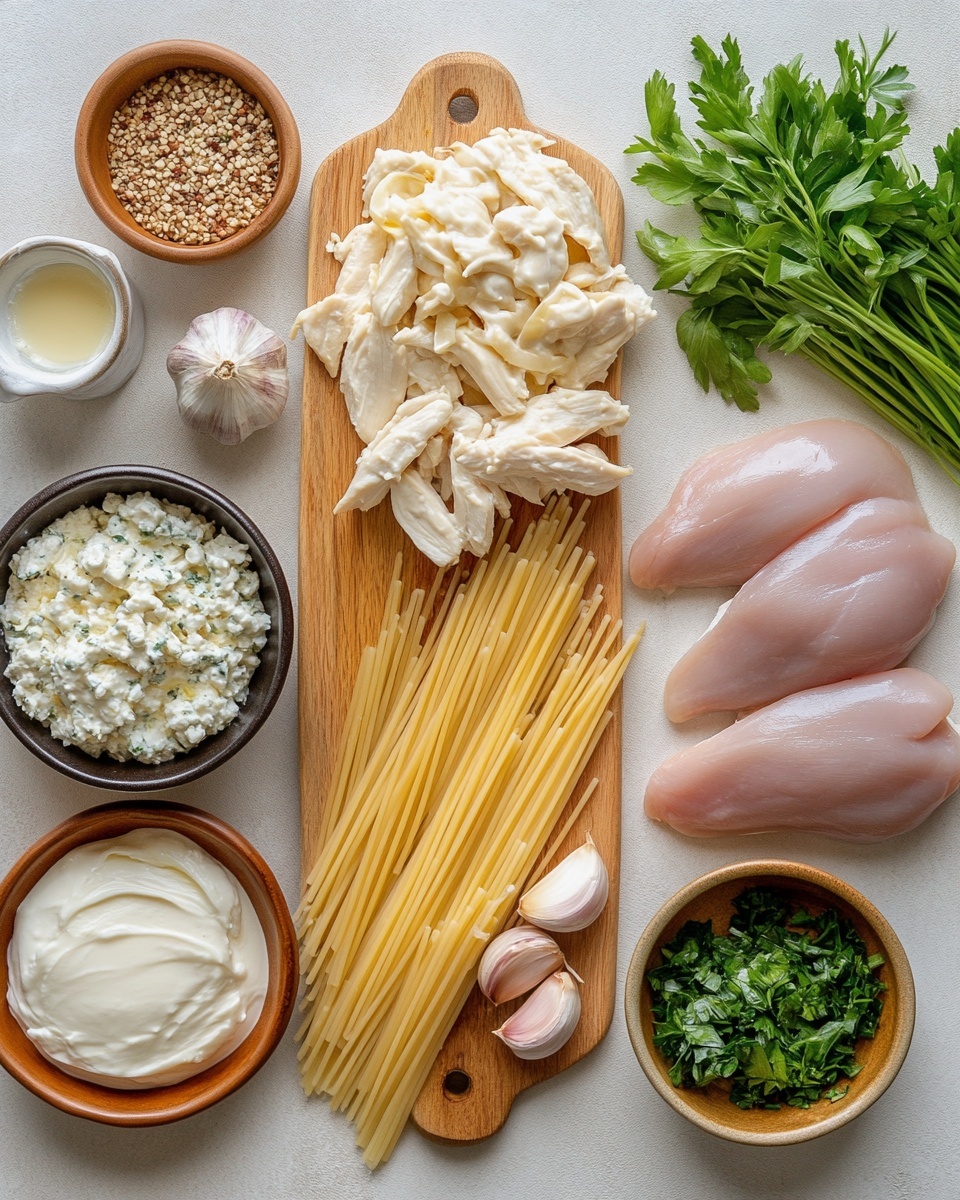 A white plate with a dotted pattern holds a serving of creamy pasta and a piece of cooked chicken covered in a white, thick sauce with green herbs sprinkled on top. The pasta is lightly coated with the same sauce, showing a smooth and creamy texture mixed with small pieces of herbs. A silver fork rests on the right side of the plate. In the background, there is a white bowl filled with fresh green spinach leaves and a glass bowl partially visible with some shredded cheese. Everything is set on a white marbled surface with a striped cloth to the right. Photo taken with an iphone --ar 4:5 --v 7