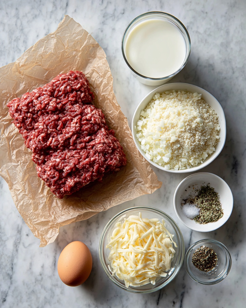 A white marbled surface holds several ingredients arranged neatly: a clump of red raw ground meat on crinkled brown parchment paper is placed on the left; near the top right, there are two white bowls, one filled with finely chopped white onions and the other with light beige breadcrumbs; a clear glass contains white milk in the upper middle; below the bowls, a single brown egg rests on the surface; a small white bowl near the bottom right has mixed spices with colors including light brown, black, white, and green; finally, a clear glass bowl filled with pale yellow grated cheese is positioned near the bottom center. photo taken with an iphone --ar 4:5 --v 7