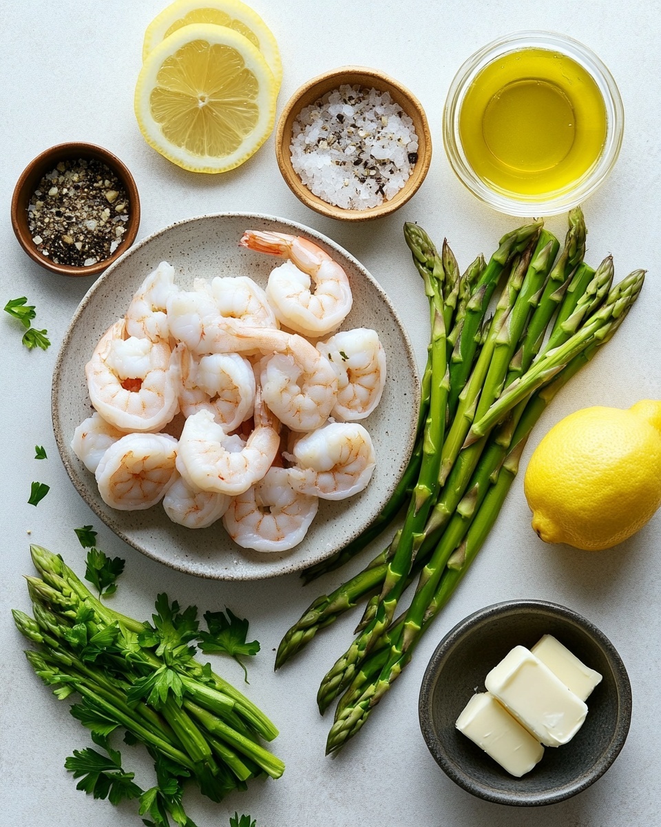 This image shows grilled shrimp and asparagus on a white marbled surface. There are about twelve shrimp, cooked to a golden color with grill marks and topped with small green herb pieces. The shrimp are arranged in the lower half and right side of the image, with their orange tails visible. On the top left side, there is a bundle of bright green, shiny asparagus spears placed close together, also showing light char marks. Three thin yellow lemon slices with visible seeds rest near the top right corner over some shrimp. The colors are warm and inviting, with a contrast between the orange shrimp, green asparagus, and white marbled background. photo taken with an iphone --ar 4:5 --v 7