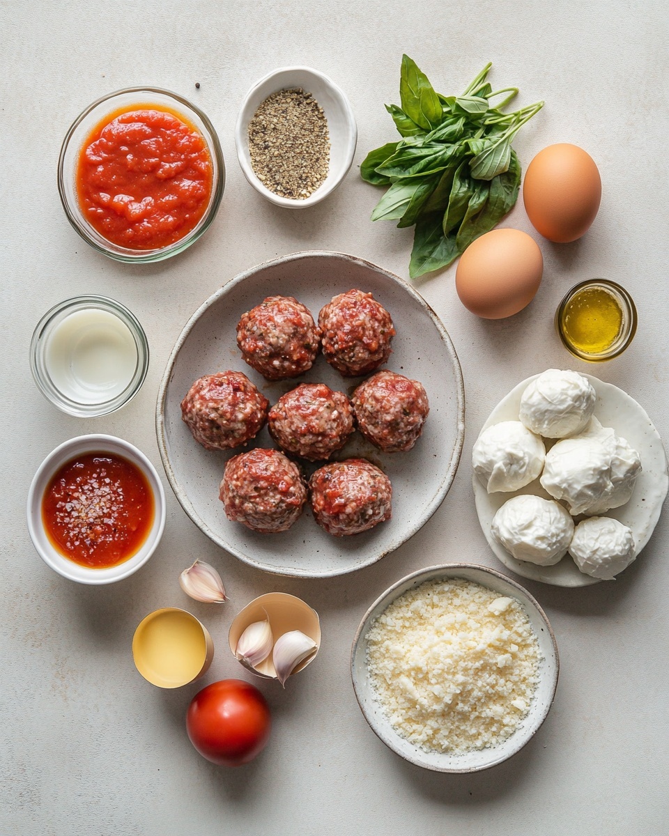 The image shows four meatball subs on a white marbled surface. Each sub has a soft golden-brown bun sliced open, holding three large, round meatballs covered in rich red tomato sauce. Melted white cheese is spread generously over the meatballs, slightly browned in places. The sauce is seen spreading along the inner sides of the buns, adding a vibrant contrast to the light bread. The textures highlight the moist meatballs, smooth sauce, and gooey cheese all layered neatly inside the buns, close together in a warm, inviting arrangement photo taken with an iphone --ar 4:5 --v 7